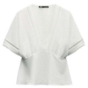 NWT Zara White Short Sleeve V-Neck Lace Trim Peplum Blouse
